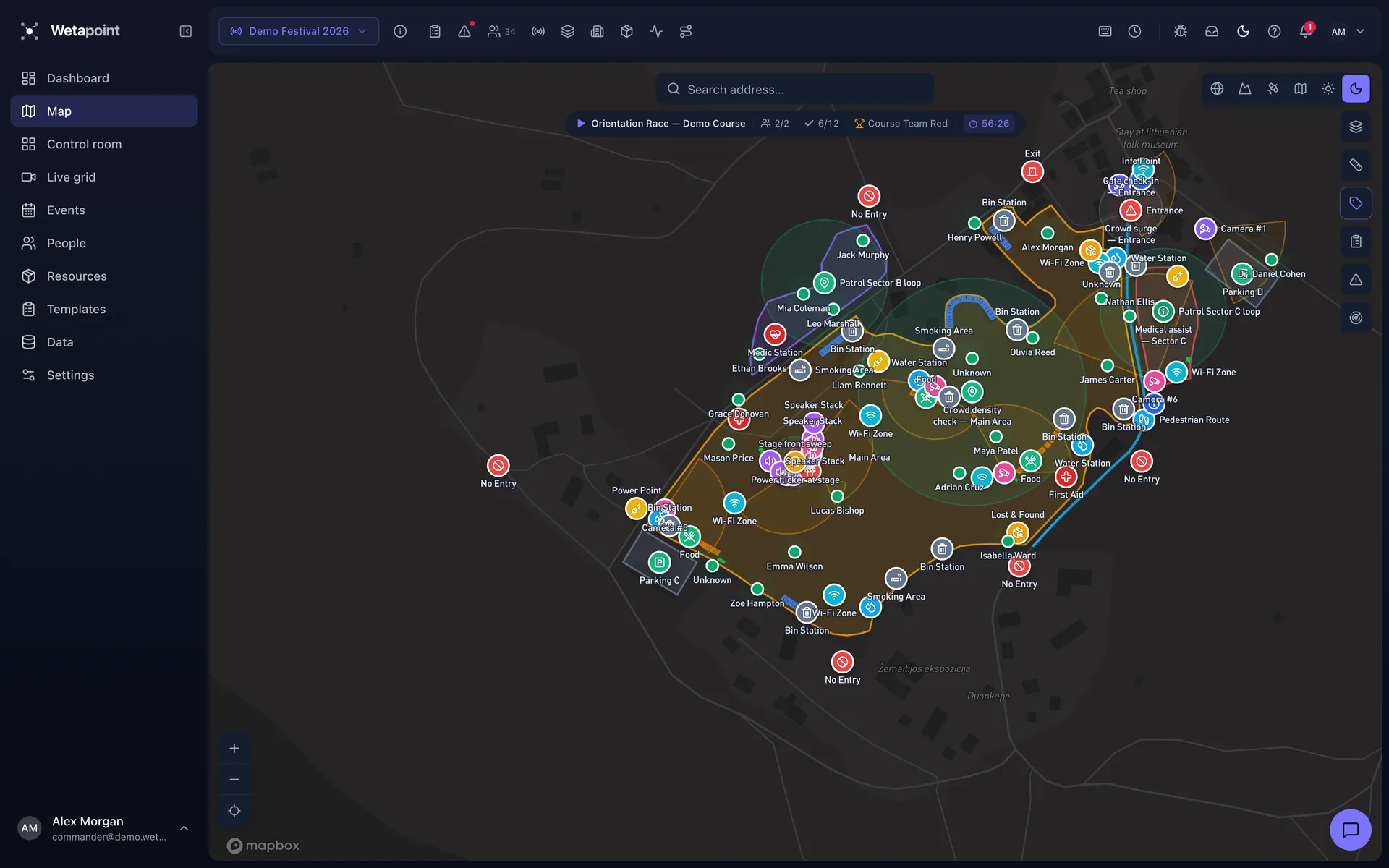 Wetapoint operations console: live map with geofenced zones and a units panel
