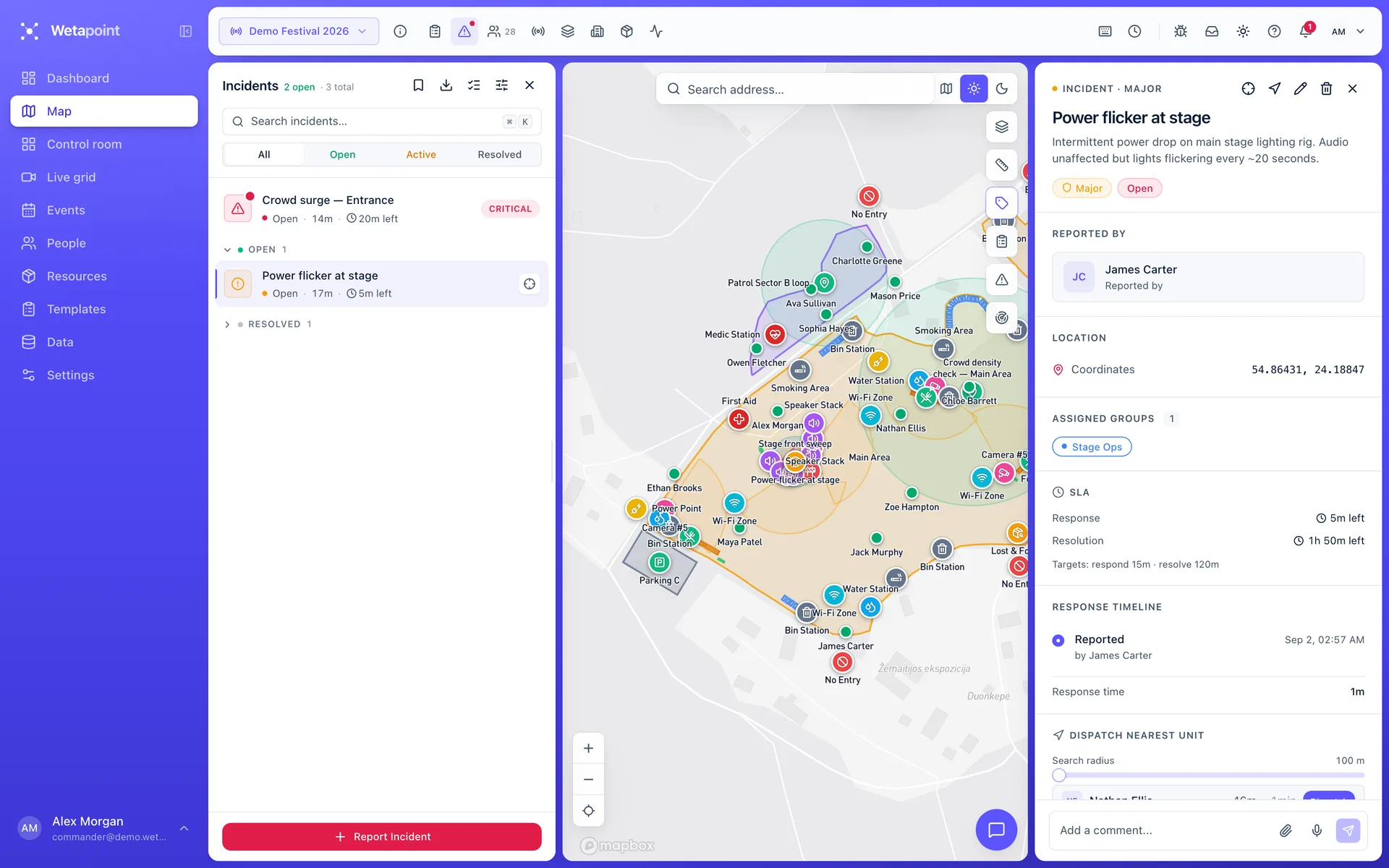 Incident detail panel with severity badge and response timeline