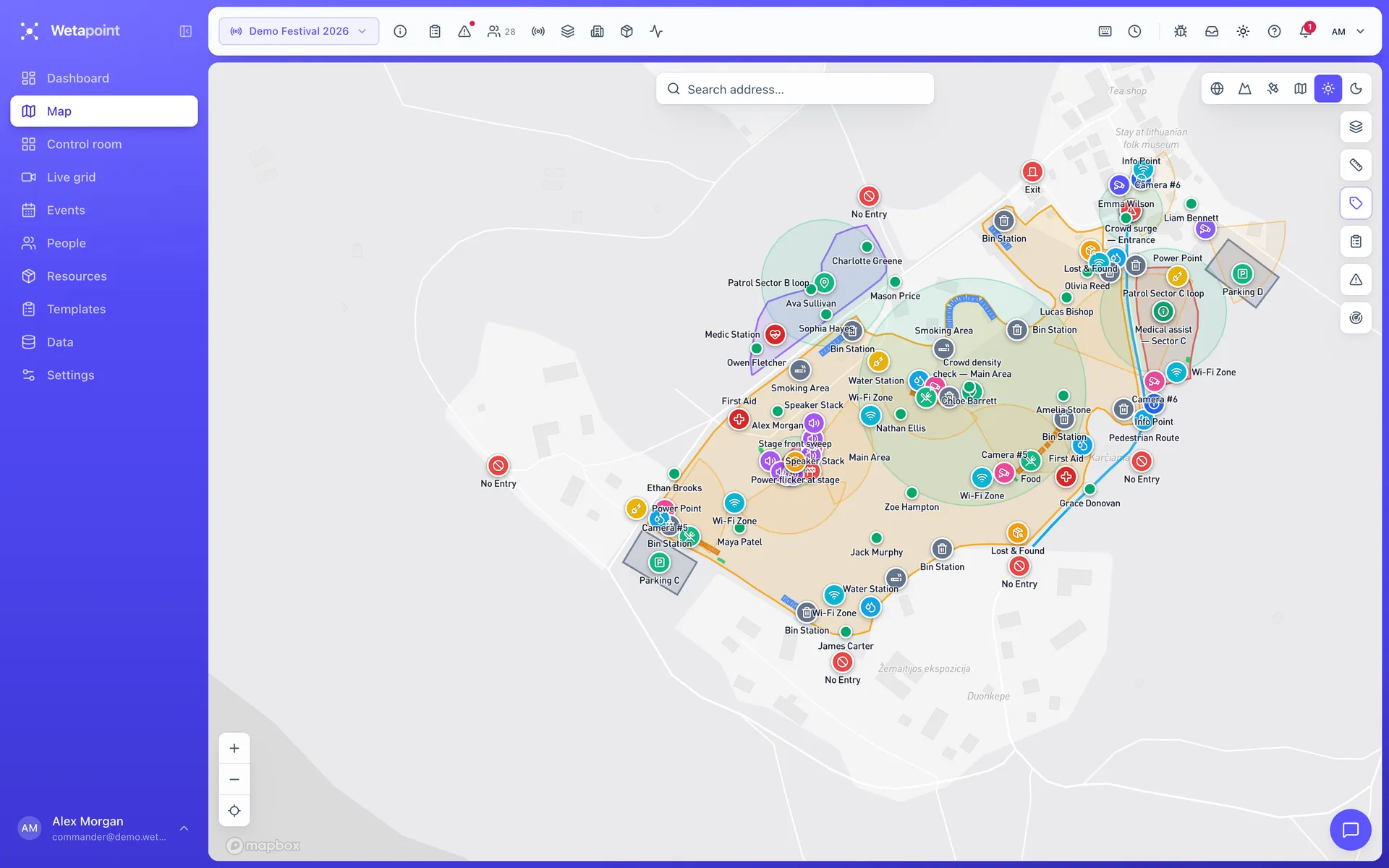 Wetapoint operations console: live map with geofenced zones and a units panel