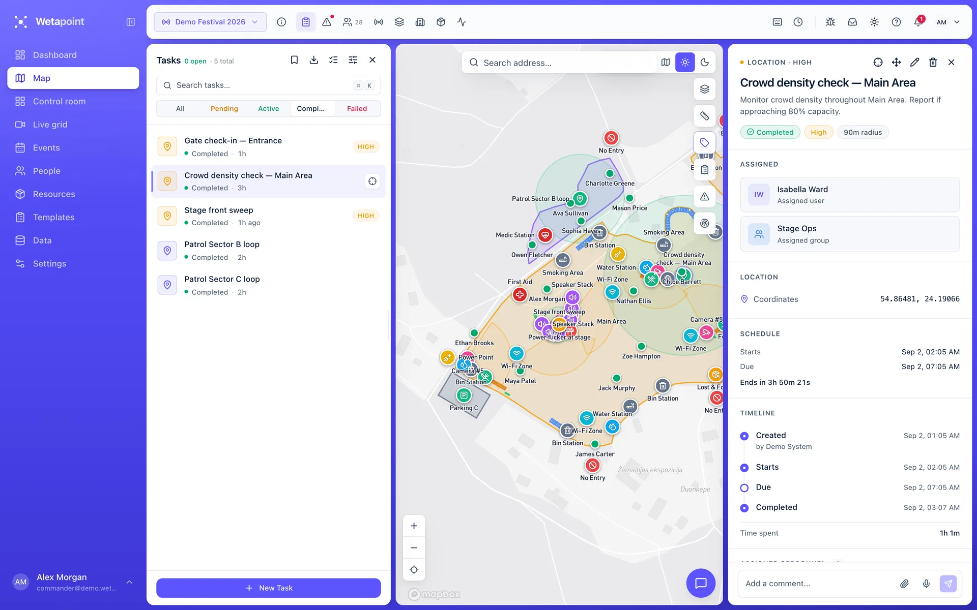 Task detail panel showing a geofenced area task with assignees