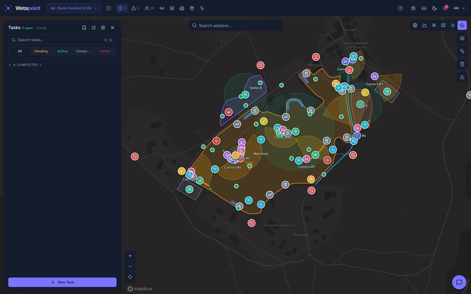 Operations console: task board for an event over the live venue map