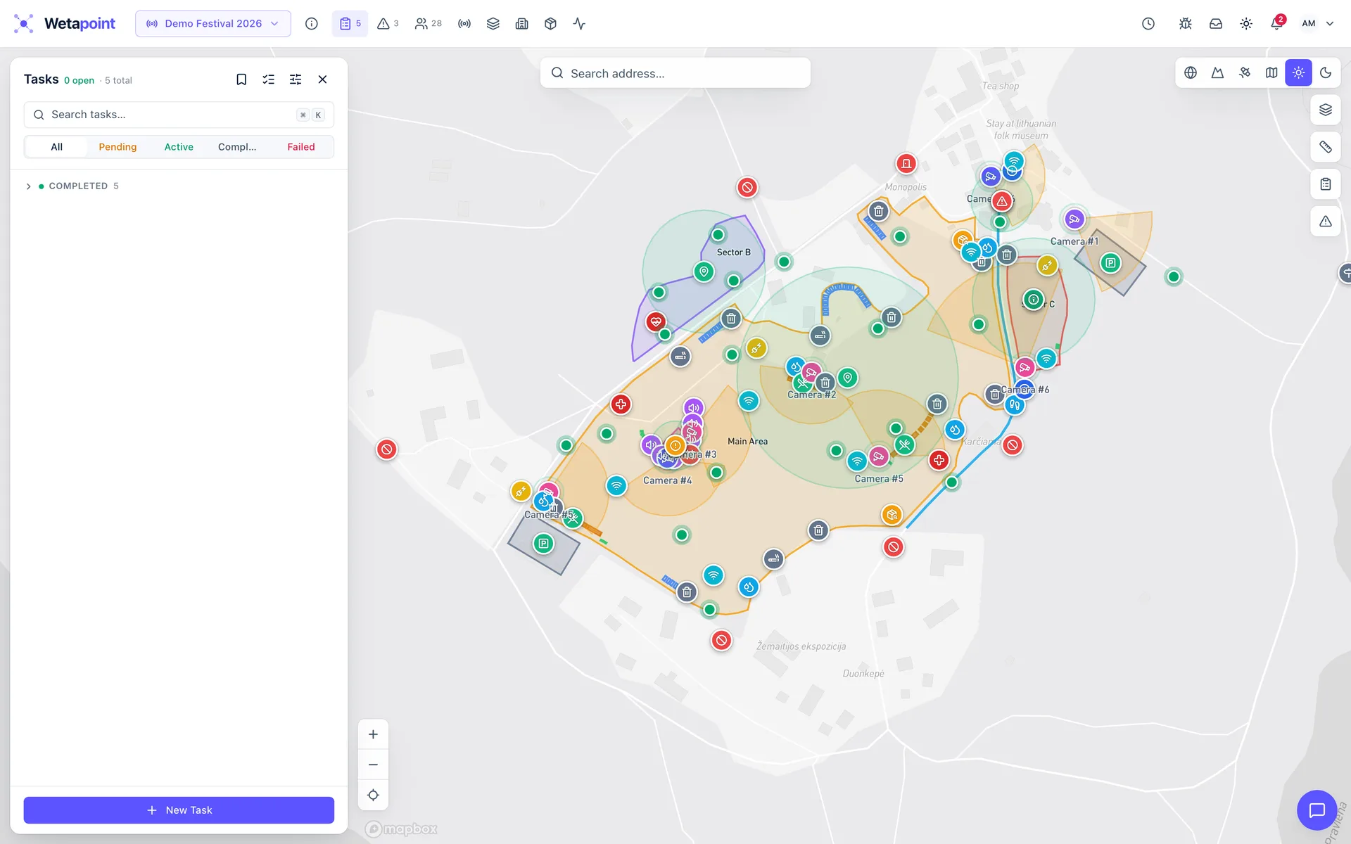 Operations console: task board for an event over the live venue map