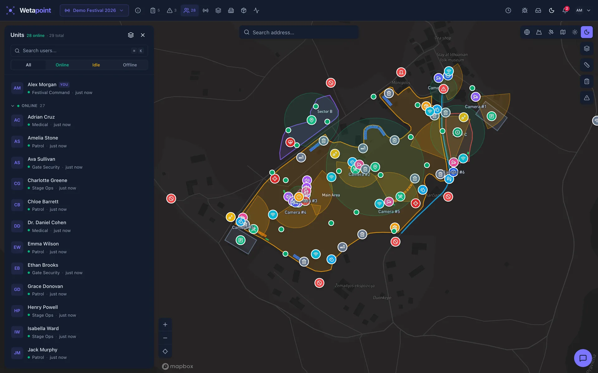 Operations console: participants list with live positions next to the course map