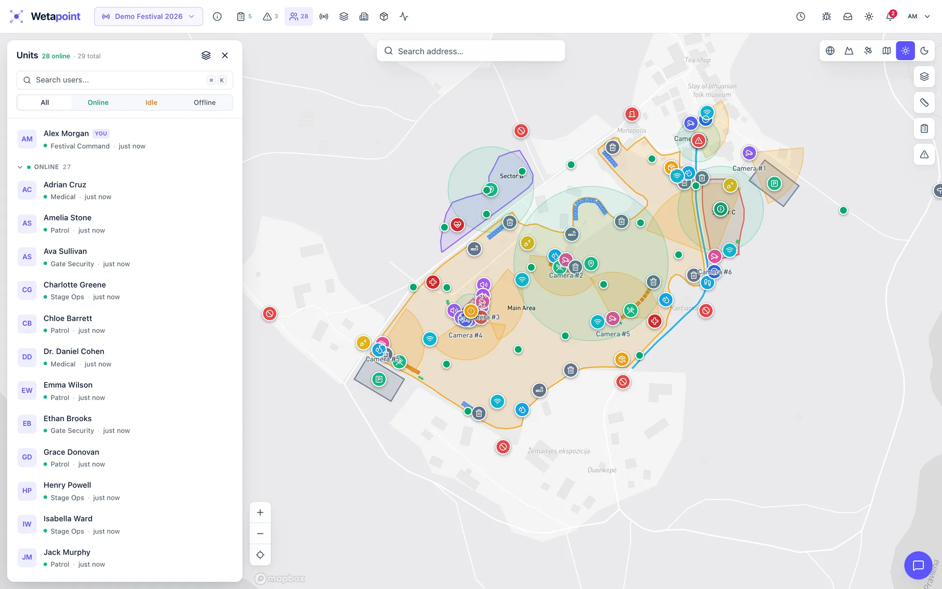 Operations console: participants list with live positions next to the course map